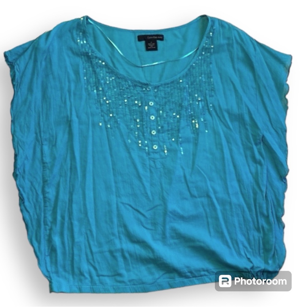 CALVIN KLEIN JEANS 100% cotton summer blue top with sequins